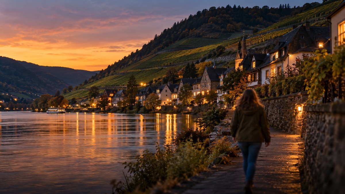 Abendstimmung in einem Moselort, Weinberge am Hang, eine Frau geht den Uferweg entlang