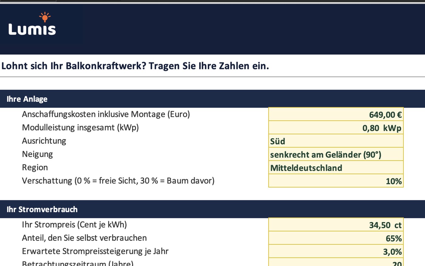 Blick in die Tabelle Balkonkraftwerk-Rechner