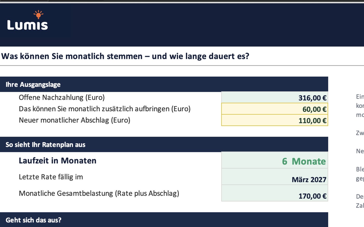 Blick in die Tabelle Nachzahlung-Notfallpaket