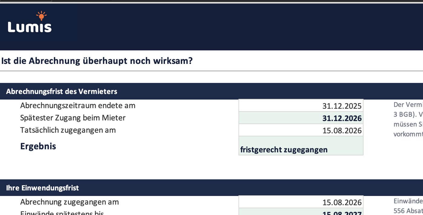 Blick in die Tabelle Nebenkosten- und Heizkosten-Prüfer